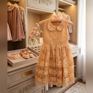 Think Pink Elegant Golden Lace Dress w/ Peter Pan Front Collar, Size 5, NWT